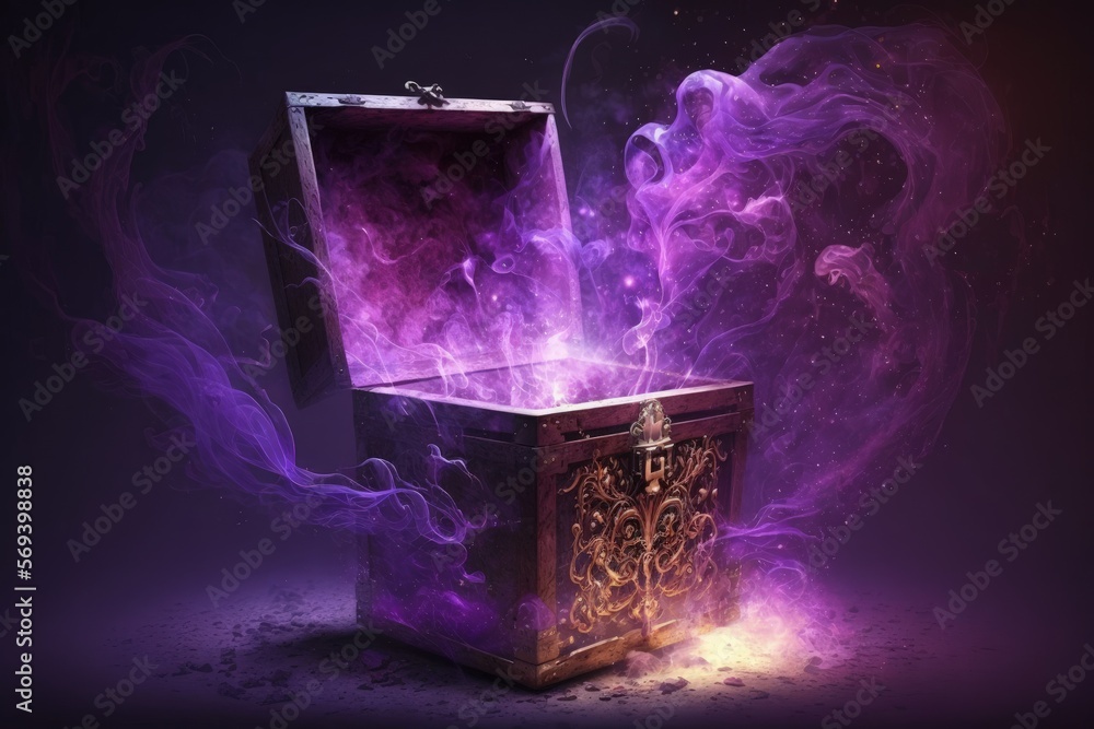 Pandora's box, purple magic coming out of fantasy box, Digital  illustration, Generative AI Stock Illustration | Adobe Stock