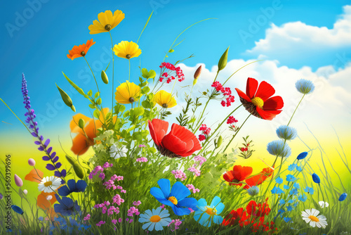 Beautiful flower field. Spring flowers natural landscape, close up. Generative AI © EKH-Pictures