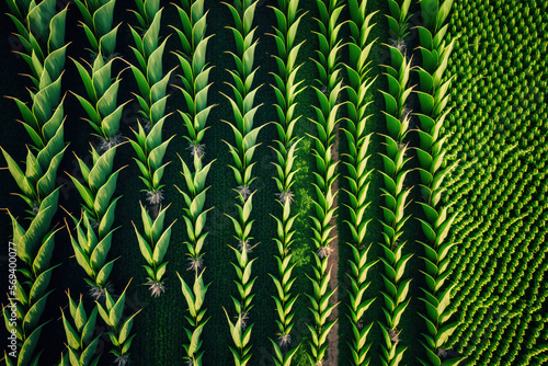 Drone aerial image of a cornfield with green corn plants and tassels. superior photograph. Generative AI