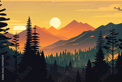 View of mountains in the forest with sunset background illustration generative ai