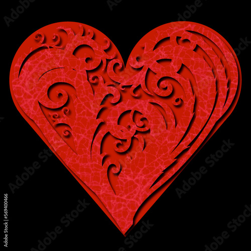 唐草模様のハートのイラスト、蔓草模様とハートのイラスト、陰影のある赤いのハートのイラスト、赤い唐草模様のハートのイラスト
