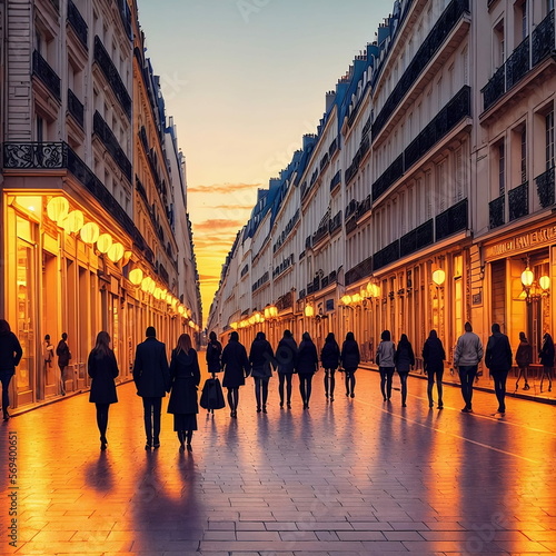 a clean empty street at night in Paris, people walking on the sidewalk, sunset, golden lights, lighting, fantasy, generated in AI