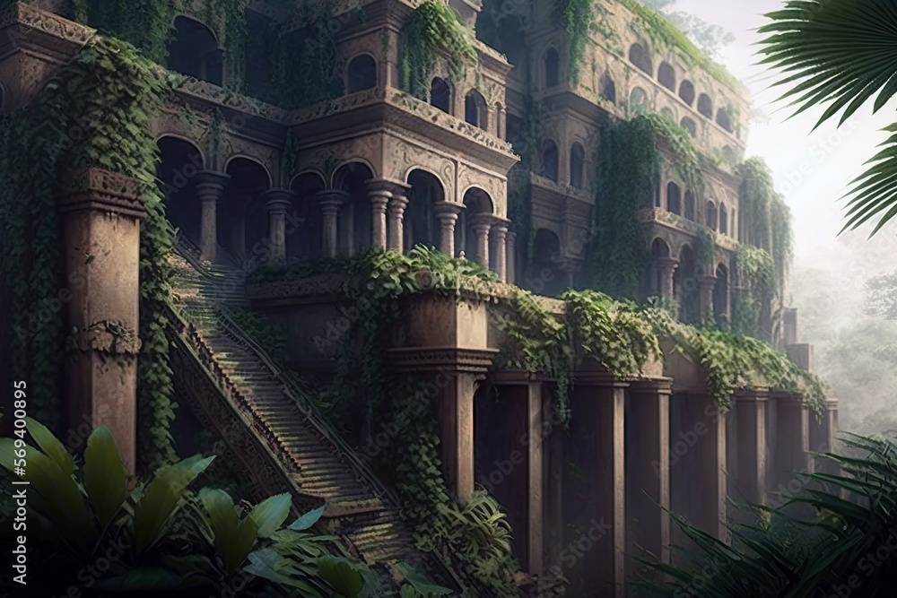 A stunning image of the ancient and famous Hanging Gardens of Babylon, showcasing its lush greenery and intricate terraces cascading down like a waterfall. Generative AI