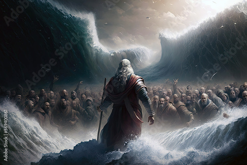 Photo An epic depiction of the Book of Exodus, showing the Israelites crossing the Red Sea with Moses leading the way
