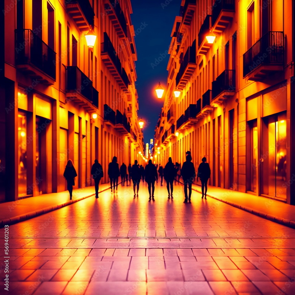 a clean empty street at night in Barcelona, people walking on the sidewalk, sunset, golden lights, lighting, fantasy, generated in AI