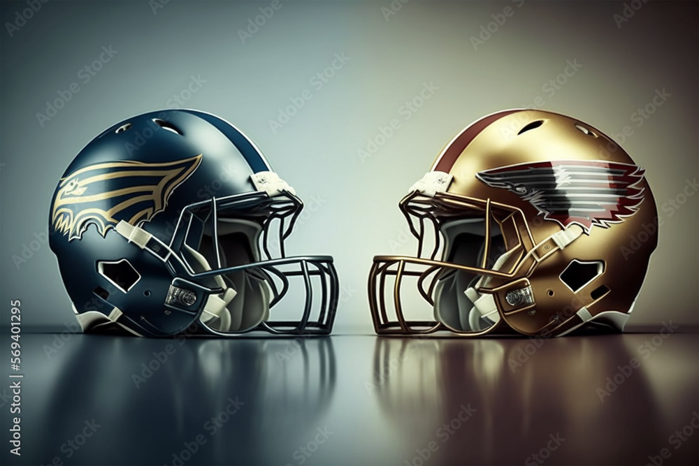 Super Bowl Game American Football Helmets rivalry Side by Side. Generative AI Super Bowl Game American Football Helmets rivalry Side by Side. Generative AI