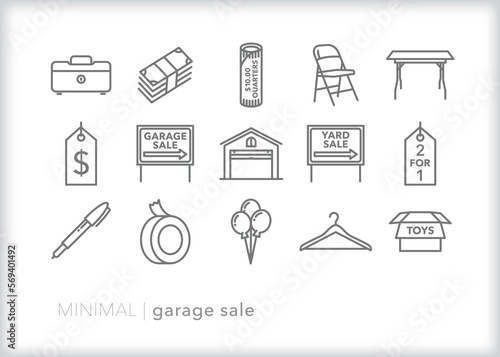 Set of garage sale line icons of themes for having a neighborhood yard or rummage sale of used items
