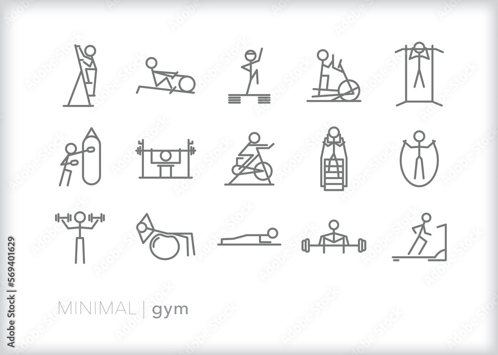 Set of gym line icons of exercise equipment and movements for health and wellness Set of gym line icons of exercise equipment and movements for health and wellness