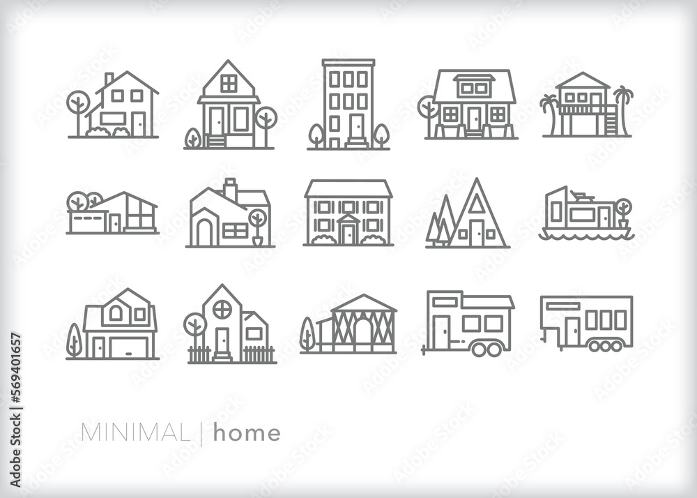 Set of home line icons of different types of houses, residences, dwellings and architecture