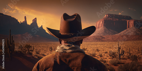 Cowboy looking at a desert landscape at sunrise by generative AI Fototapeta