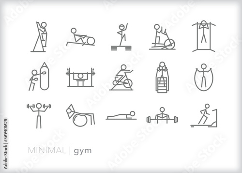 Set of gym line icons of exercise equipment and movements for health and wellness