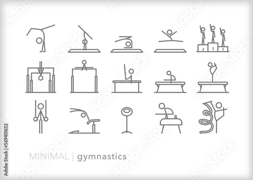 Set of gymnastics line icons of gymnasts performing at a competition or practice