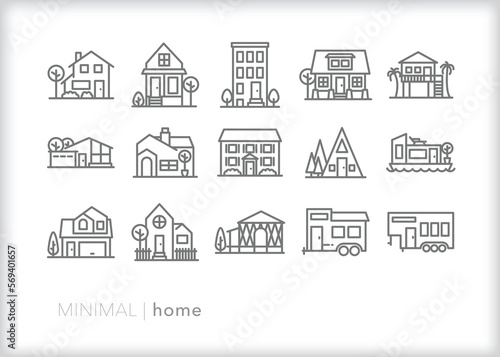 Print op canvas Set of home line icons of different types of houses, residences, dwellings and a