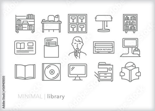 Set of library line icons of books, media, and other items found in a public library