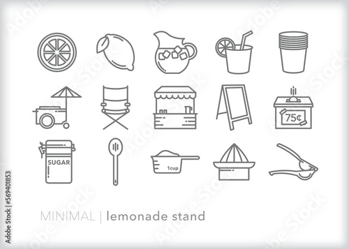 Set of lemonade stand line icons for selling cold drinks on a summer day