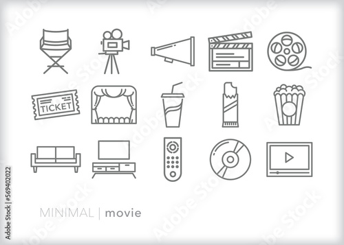 Set of movie line icon set for enjoying cinema at home or at a theater