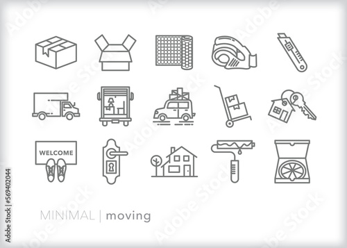 Set of moving line icons of items for packing up belongings and traveling to a new home