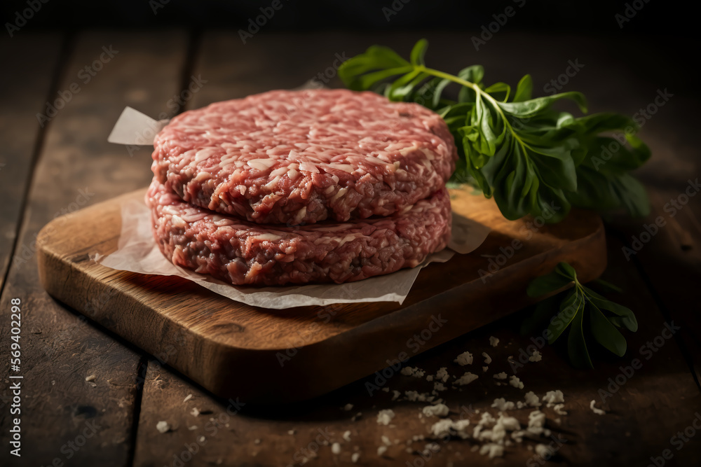 A pile of meat on top of a cutting board, hamburger, Generative Ai A pile of meat on top of a cutting board, hamburger, Generative Ai