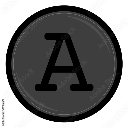 Vector of a round vintage typewriter key of the black letter A against a gray reflective background