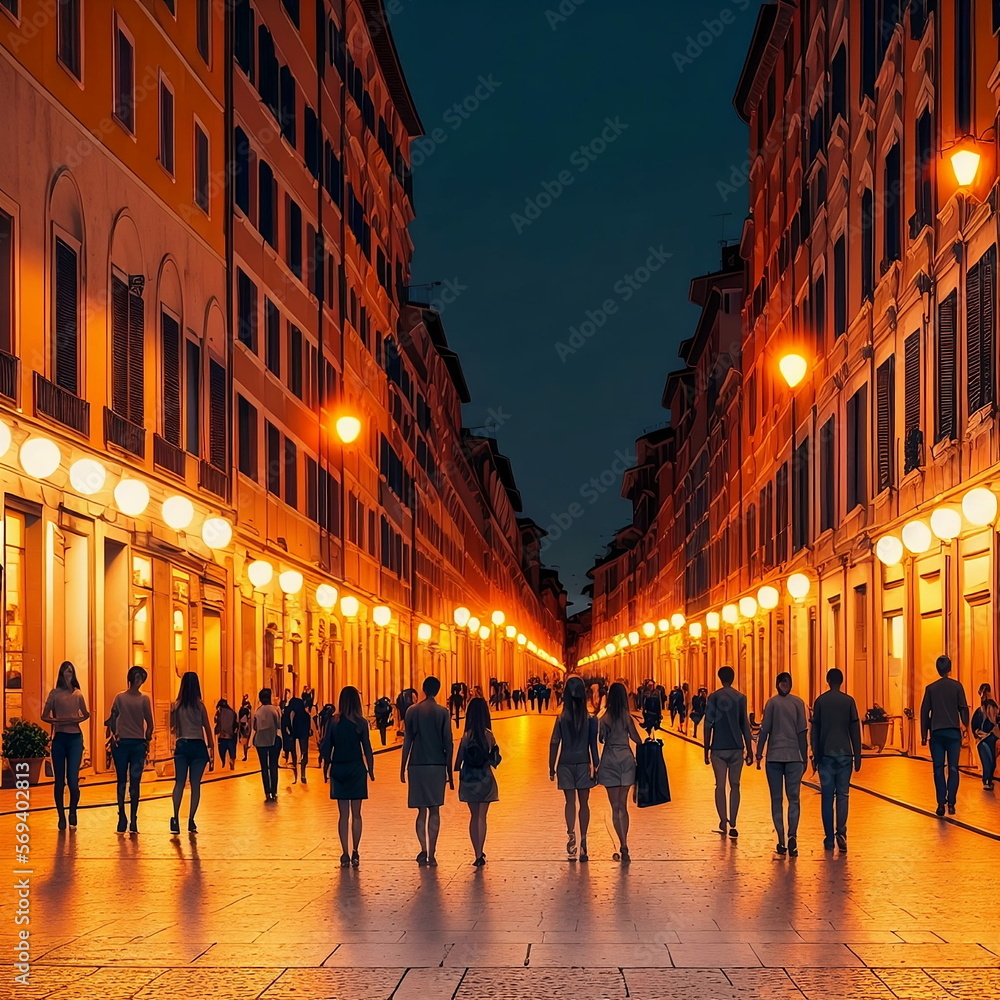 a clean empty street at night in Rome, people walking on the sidewalk, sunset, golden lights, lighting, fantasy, generated in AI
