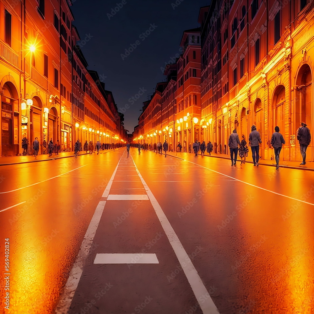 a clean empty street at night in Rome, people walking on the sidewalk, sunset, golden lights, lighting, fantasy, generated in AI