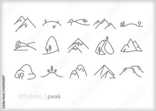 Set of peak line icons of mountains, hills and landscapes