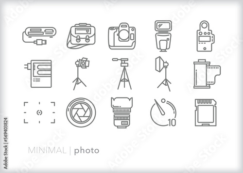 Set of photo line icons of photography and studio equipment for capturing images