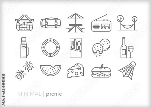 Set of picnic line icons of food and drinks for an outdoor meal in nature or a park