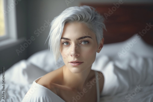 A beautiful young woman with short ash-blonde hair sitting on the bed and looking at the camera. Photorealistic Generative AI drawing. photo