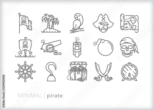 Set of pirate line icons of items for plunderers sailing the high seas in search of treasure and riches