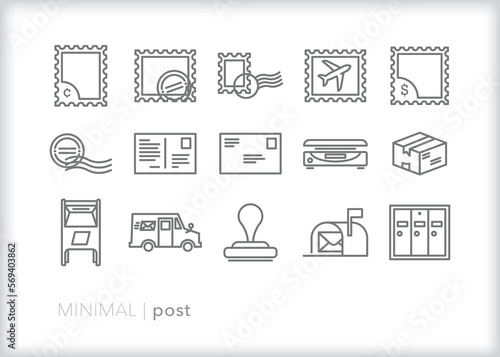 Set of post line icons of letters and packages being mailed and delivered 