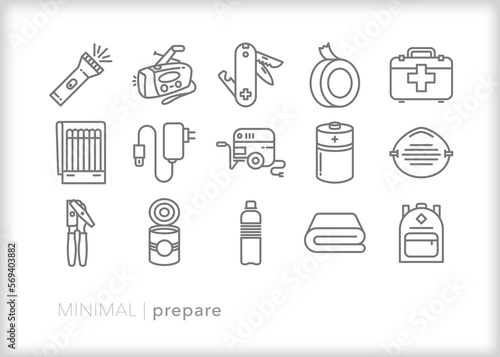 Set of disaster preparedness line icons for prepping for an emergency or natural disaster