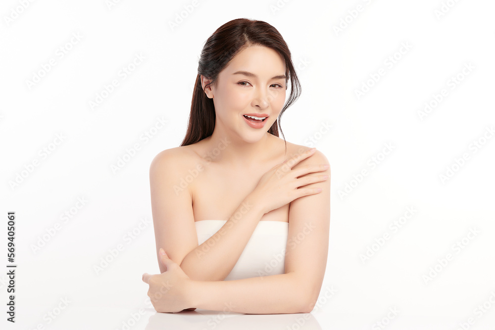 Obraz premium Beautiful young asian woman with clean fresh skin on white background, Face care, Facial treatment, Cosmetology, beauty and spa, Asian women portrait.