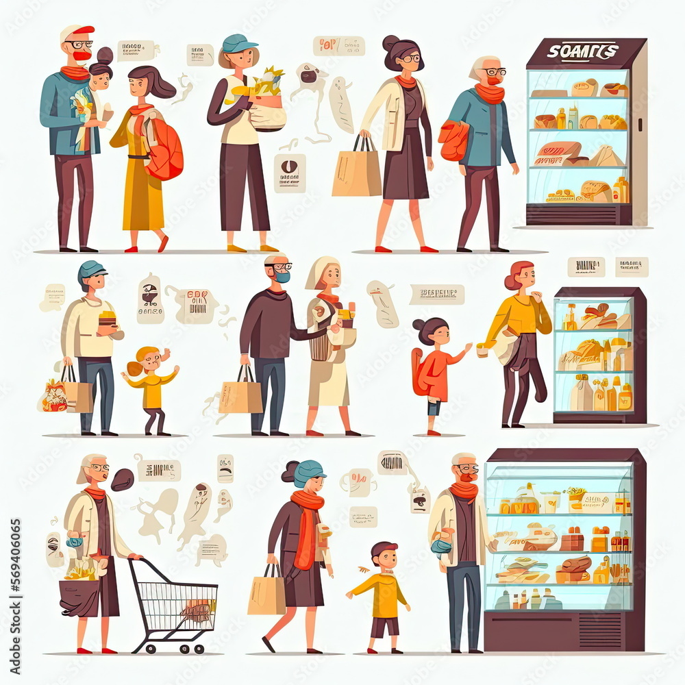 set of people go to shopping, woman and kid choosing products in store, Family Shopping, Vector Illustration, Made by AI,Artificial intelligence