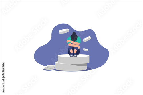 Concept of medication treating illness or disorder. Concept of antidepressants. Depressed woman is sitting on big pill. Medicine. Flat. Vector illustration.