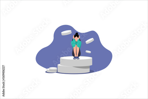 Concept of medication treating illness or disorder. Concept of antidepressants. Depressed woman is sitting on big pill. Medicine. Flat. Vector illustration.