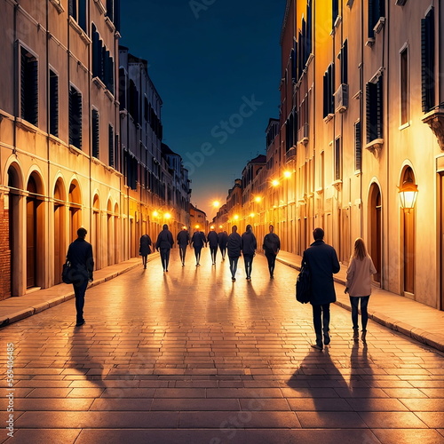 a clean empty street at night in Venice, people walking on the sidewalk, sunset, golden lights, lighting, fantasy, generated in AI