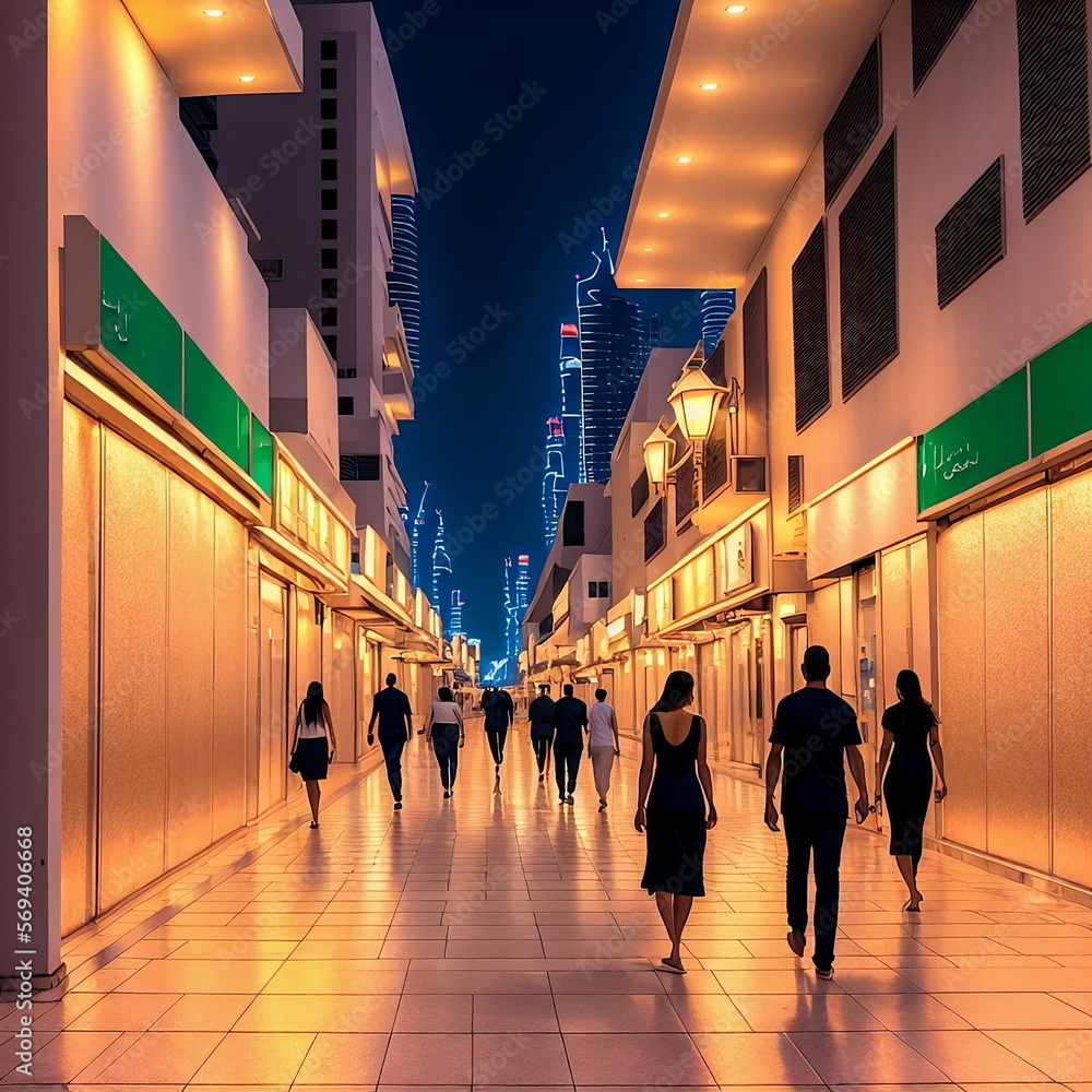 a clean empty street at night in Dubai, people walking on the sidewalk, sunset, golden lights, lighting, fantasy, generated in AI
