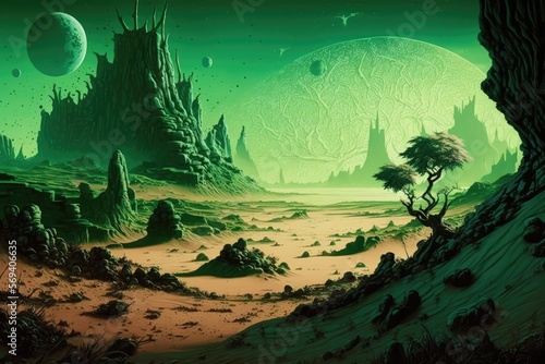 A barren wasteland  dotted with occasional oases of radiant green. Digital art painting  Fantasy art  Wallpaper