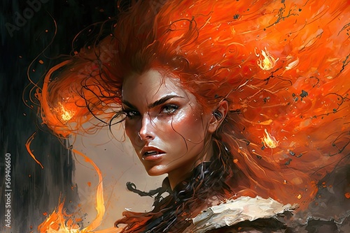 Tela A beautiful sorceress with hair of fire, casting bolts of orange magic
