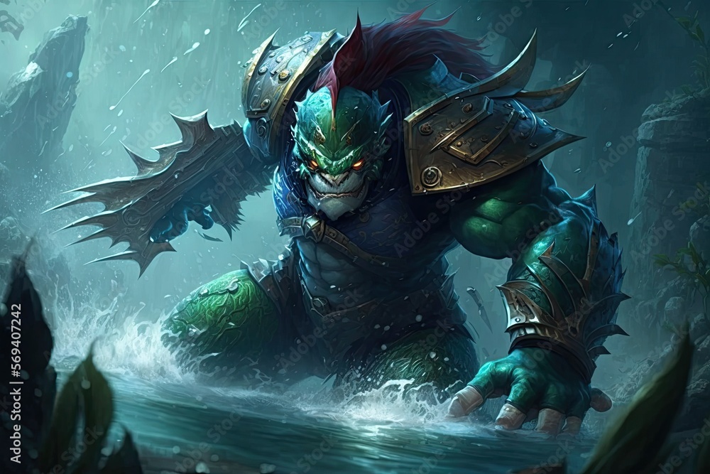 A powerful amphibian warrior, who can leap at enemy units to stun them and increase his own speed and damage. Digital art painting, Fantasy art, Wallpaper A powerful amphibian warrior, who can leap at enemy units to stun them and increase his own speed and damage. Digital art painting, Fantasy art, Wallpaper