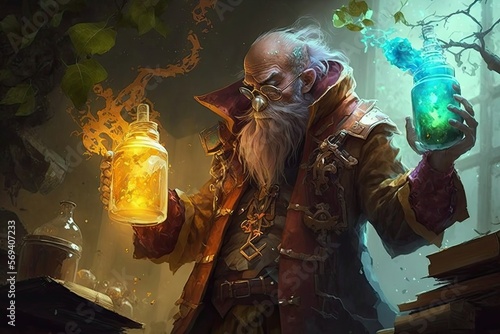 A powerful alchemist, who can turn enemy units into gold and increase his own strength by consuming items. Digital art painting, Fantasy art, Wallpaper