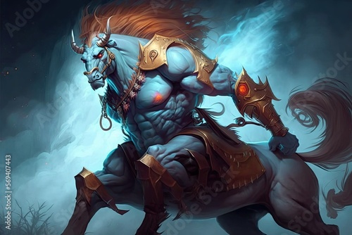 A powerful centaur warrior, who can charge into battle to stun enemy units and increase his own strength and durability. Digital art painting, Fantasy art, Wallpaper photo
