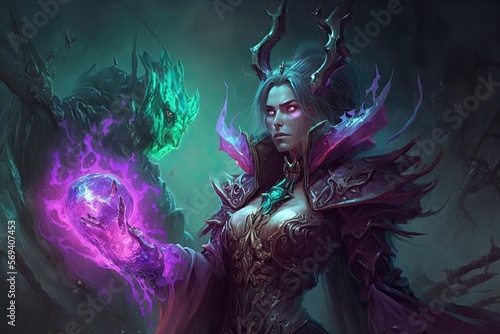 a powerful death mage, who can damage enemy units and structures with her spells, and can steal the life of enemy heroes with her ultimate. Digital art painting, Fantasy art, Wallpaper. Generative ai.