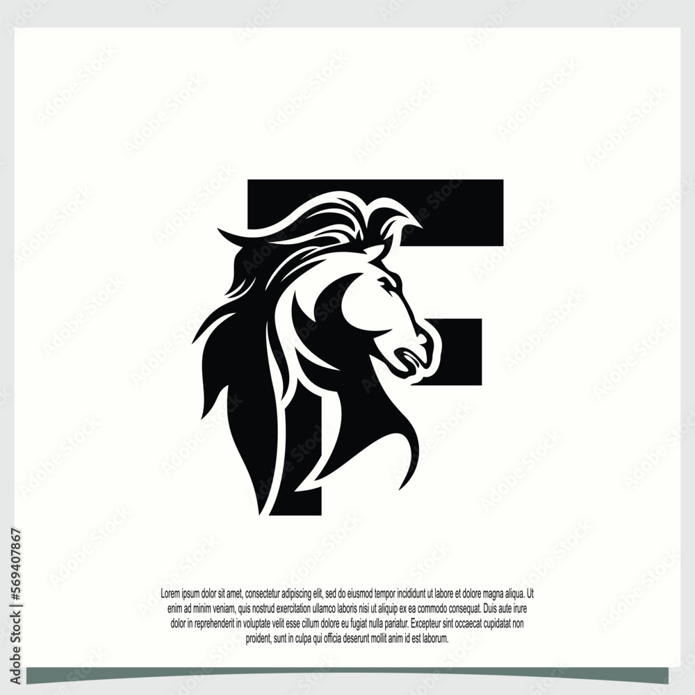 horse head logo design with initial letter f modern concept