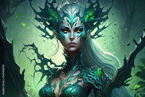 A powerful nature hero, who can increase the health and damage of her creatures and damage and control enemy units with her abilities. Digital art painting, Fantasy art, Wallpaper. Generative ai. photo