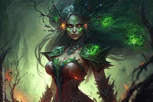 A powerful nature hero, who can increase the health and damage of her creatures and damage and control enemy units with her abilities. Digital art painting, Fantasy art, Wallpaper. Generative ai.