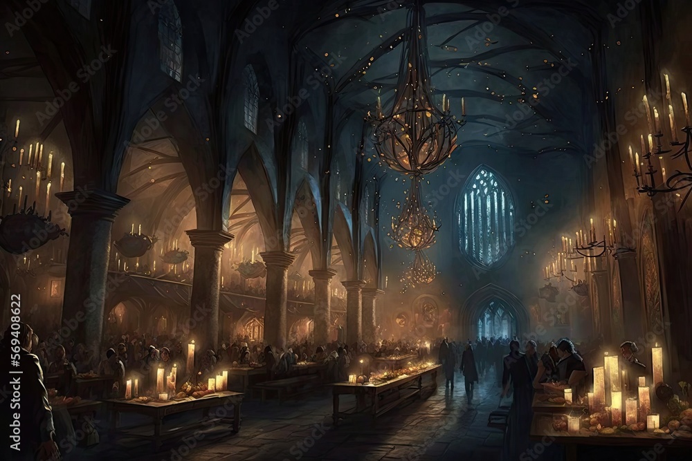 The Great Hall, complete with its floating candles, enchanted ceiling, and house tables