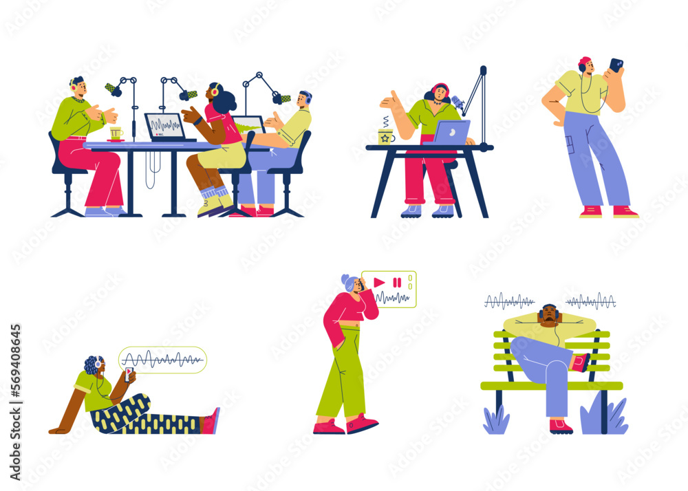 Fototapeta premium People hosting and listening to online podcast flat vector illustration isolated.
