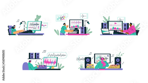 People creating and recording music with professional equipment, flat vector illustration isolated on white background.